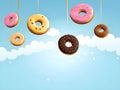 Doughnuts with multicolored glaze hanginf in the air. Creative food trend. Levitating food. Donuts illustration with copy space on