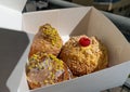 Doughnuts in Paper Box, Fruit Raspberry Donut, Pistachio Croissant Collection