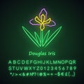 Douglas iris plant neon light icon. California blooming wildflower with name inscription. Garden flower, weed. Iris