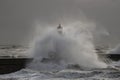 Douro river mouth new north pier and beacon under heavy storm Royalty Free Stock Photo