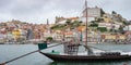 Douro river with rabelos boat and port wine barrels at Porto Oporto cityscape panorama