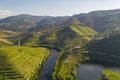 Douro river wine valley region drone aerial view, Portugal