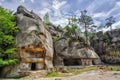 Dovbush rocks, group of rocks, natural and man-made caves carved into stone in the forest. Ukraine