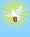 Dove and Bible. Holy Bible in its paws White pigeon. Background