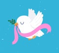 Dove with branch. Bird of peace religion symbol with white pigeon and olive oil, freedom and love concept. Vector