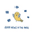 Dove brings good news illustration. Hand-drawn vector doodle with bird holding letter and motivational positive quote. Good news Royalty Free Stock Photo