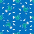 Dove carrying envelope pattern repeat seamless in blue color for any design.Bird delivers a message. Post pigeon Royalty Free Stock Photo