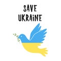 A dove in the colors of Ukrainian flag. Symbol of peace. Bird holding twig in the beak. Save Ukraine. Color illustration Royalty Free Stock Photo