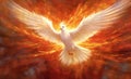 Dove of Divine Light: Depiction of the Holy Spirit as a Dove.The outpouring of the Holy Spirit and the dawn of golden light: Royalty Free Stock Photo