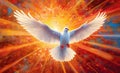 Dove of Divine Light: Depiction of the Holy Spirit as a Dove.The outpouring of the Holy Spirit and the dawn of golden light: Royalty Free Stock Photo