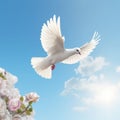 dove flying in the bright sky with flowers generative AI Royalty Free Stock Photo