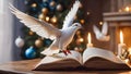 Dove Flying over a book at Christmas Time