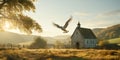 Dove flying over an old little church in the countryside.