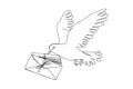 Dove flying with stack of letters continuous line drawing. One line art of romance, love, feelings, mail, delivery, bird