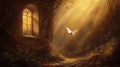 Dove flying sunlit forest ruin autumn peace Royalty Free Stock Photo