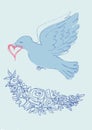 Dove with a heart and a wreath of flowers on a light background. Royalty Free Stock Photo