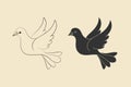 Dove icon set. Peace symbol, logo cartoon style. Outline black outline, black silhouette illustrations. Vector Royalty Free Stock Photo