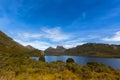 Dove Lake across buttongrass moorland with Cradle Mountain in ba