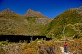 Hiker on trail of Dove Lake Circuit Walk with lake and Cradle Mountain in the background.