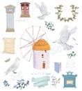 Dove and mill Antique Post set UK, England, Germany mailbox watercolor bird fly peace dove for wedding celebration illustration si Royalty Free Stock Photo