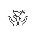Dove with olive branch and hands line icon