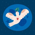 Dove with olive branch. Peace bird. Simple collage. Scandinavian doodle folk winged animal. World Day card. Retro cutout