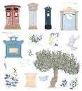 Dove and olive tree Antique Post set UK, England, Germany mailbox watercolor bird fly peace dove for wedding celebration illustrat Royalty Free Stock Photo