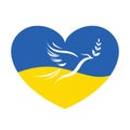 Dove of peace on the background of the heart shape Ukrainian flag. Ukraine and Russia military conflict. Stop world war.