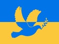 Dove of peace on the background of the Ukrainian flag. Ukraine and Russia military conflict. Stop world war. Symbol of