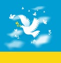 Dove of peace on the background of the Ukrainian flag. Ukraine and Russia military conflict. Stop world war. Symbol of