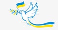 Dove of peace in blue color holding in its beak the flag of Ukraine and with the colors of Ukraine on its tail