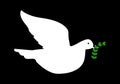 Dove of peace icon. Flying white bird with green olive branch. Concept Peace of world and no war and aggression. Vector Royalty Free Stock Photo