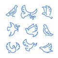 Dove of Peace Icons Set. Flying Birds with Branch and Leaves, Peace or Pacifism Concept. Free Flying Symbol