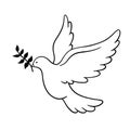 Dove of peace with olive brunch linear icon. Outline vector illustration isolated on white. Peace Day contour symbol