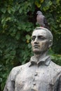 A dove sits on the head of an unknown old statue in a park Royalty Free Stock Photo