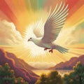 Dove Soaring Over Serene Rainbow Landscape
