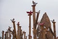 Dove statues on the sticks near entrance to Pigeon valley, beautiful canyon in Cappadocia,Turkey