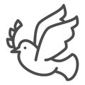 Dove with a wreath branch line icon. Pigeon carries an olive branch outline style pictogram on white background. Easter