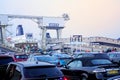 Dover, England - July 27 2018: Cars and vans at the ferry port in early morning, waiting to board the cross channel ferry boat Royalty Free Stock Photo