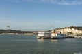 View on the city of Dover, with white cliffs and the Dover castle and two ferry ships