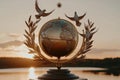 Doves Around World Globe Symbolize Hope And Unity, Featuring Olive Branches And Sunset Royalty Free Stock Photo