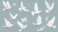 Doves flying in the air. Pigeons in flight on a white background. Peaceful flock, freedom concept. Modern flat Royalty Free Stock Photo