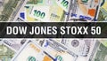 Dow Jones STOXX 50 text Concept Closeup. American Dollars Cash Money,3D rendering. Dow Jones STOXX 50 at Dollar Banknote. Royalty Free Stock Photo