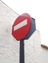 Down angle view of Traffic red sign with white rectangle Entry is prohibited, icon for prohibiting to drive pass on city