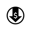 Down arrow, dollar depreciation icon. Money value down on isolated white background. EPS 10 vector