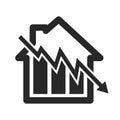 Down arrow house icon with graph. Real estate market drop icon