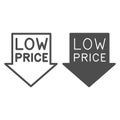 Down arrow with text LOW PRICE line and solid icon, Black Friday concept, low price sign with arrow down on white Royalty Free Stock Photo