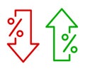 Down arrow with up arrow percent icon, percent arrow up and down line symbols collection, percentage growth and decline signs