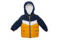 Down jacket for children. Stylish yellow blue cosy warm winter down jacket for kids isolated on a white background. Clipping path Royalty Free Stock Photo