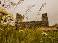 A worms eye view of the ancient church ruins in the Irish countryside